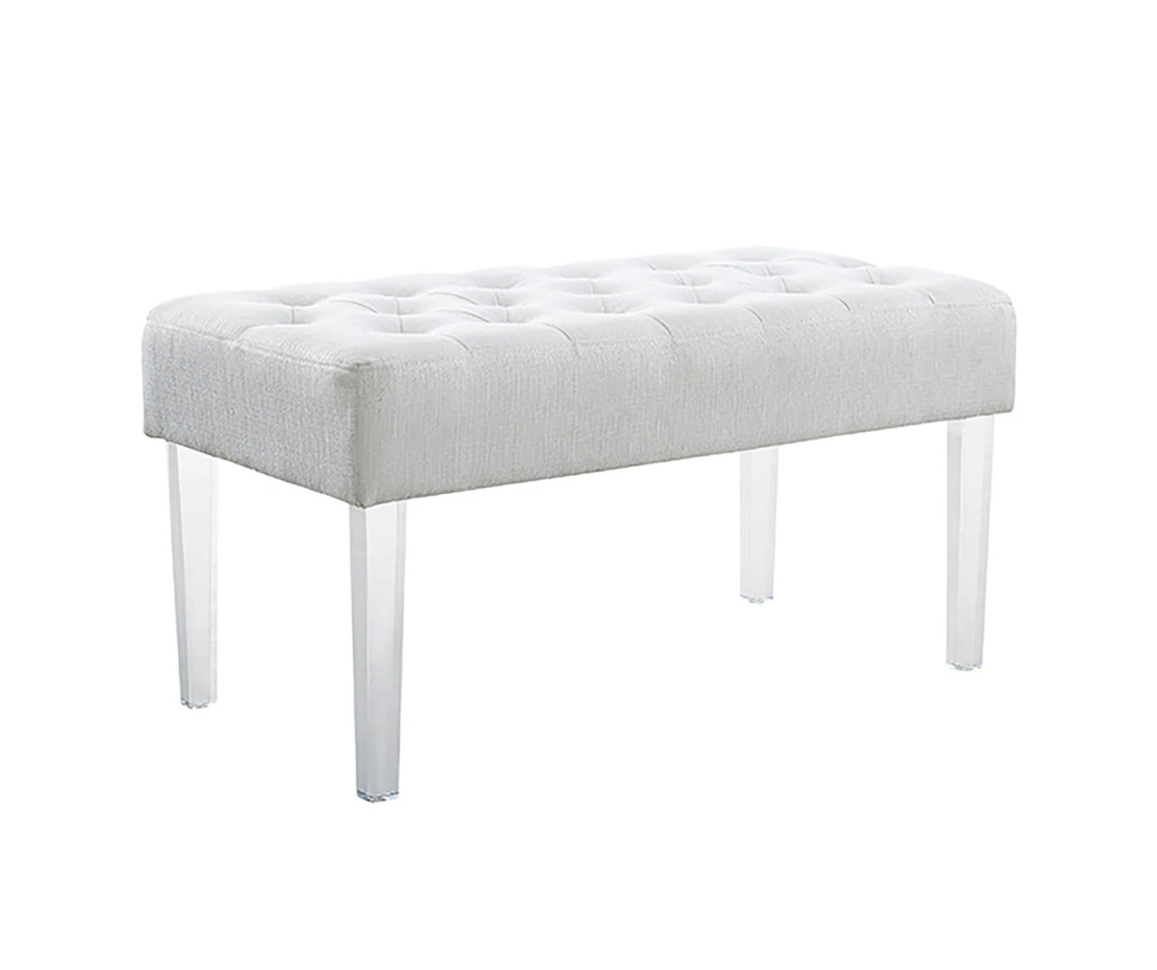 Marie Glitz White Tufted Linen Acrylic Leg Bench 4 Marie Glitz White Tufted Linen Acrylic Leg Bench - Image 2
