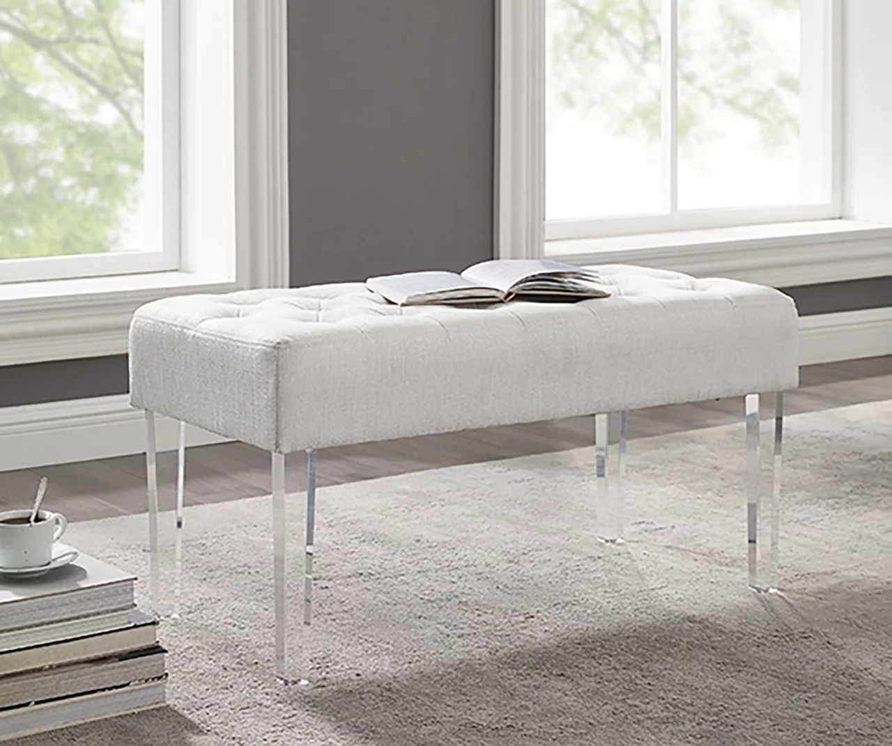 Marie Glitz White Tufted Linen Acrylic Leg Bench 8 Marie Glitz White Tufted Linen Acrylic Leg Bench - Image 6