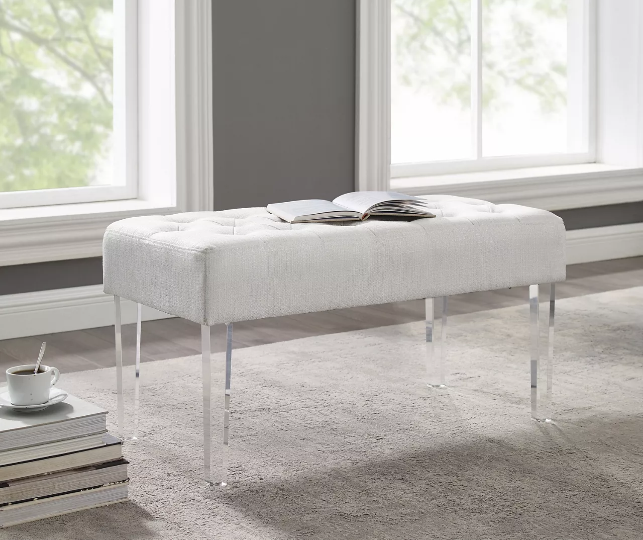 Marie Glitz White Tufted Linen Acrylic Leg Bench 3 Marie Glitz White Tufted Linen Acrylic Leg Bench