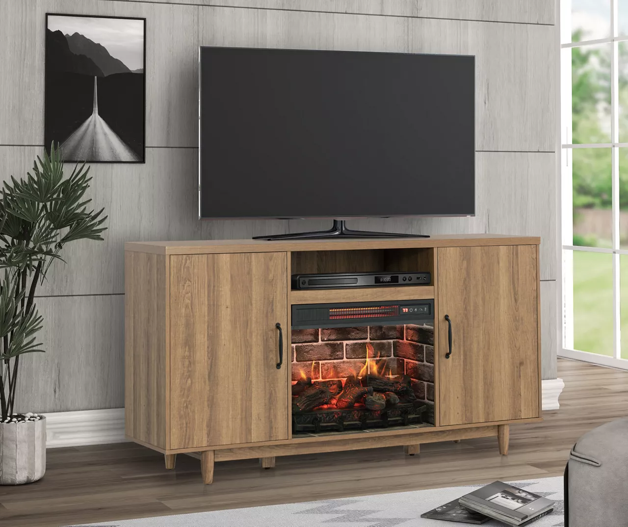 60" Modern Tan Electric Fireplace Console 4 60" Modern Tan Electric Fireplace Console - Image 2